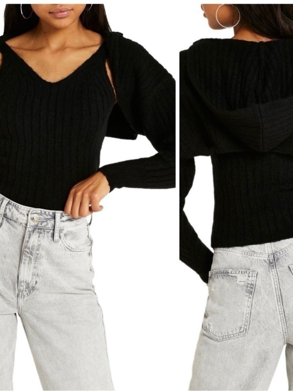 River Island Black Wool Hoodie Shrug and Tank Top Sweater Set Co-ord XSM Women
